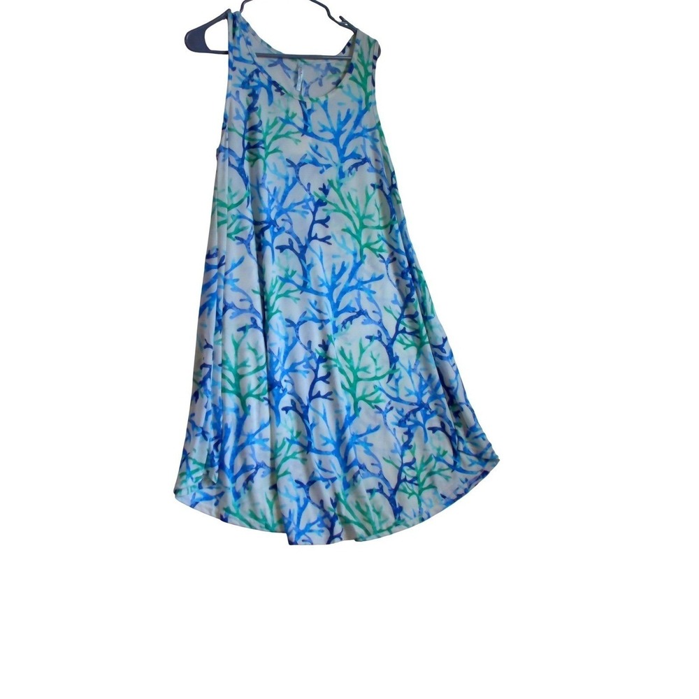 Isla Bonita Blue Green Coral Print Sleeveless Swing Dress One Size NWT M